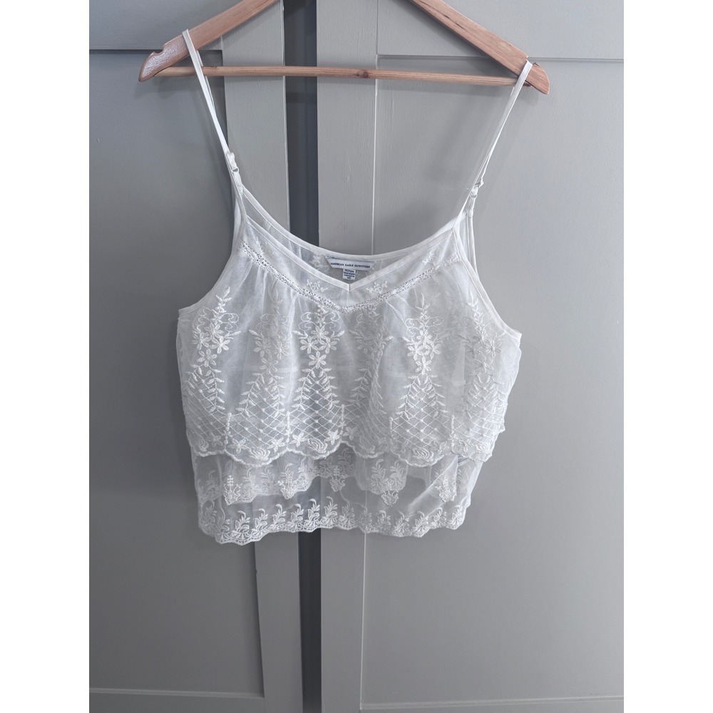 American Eagle White Embroidered Mesh Tiered Boho‎ Cami Top Medium